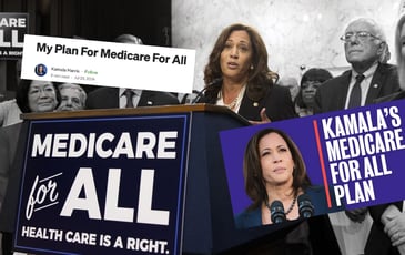 Kamala Harris in 2017, standing behind a podium with a large 